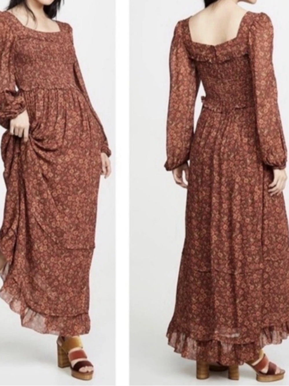 FARM Rio Square-Neck Maxi Dress in Rust Floral cottage Core NWT